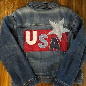 USA Upcycled Denim Jean Jacket. Olympics Jacket.  Large.